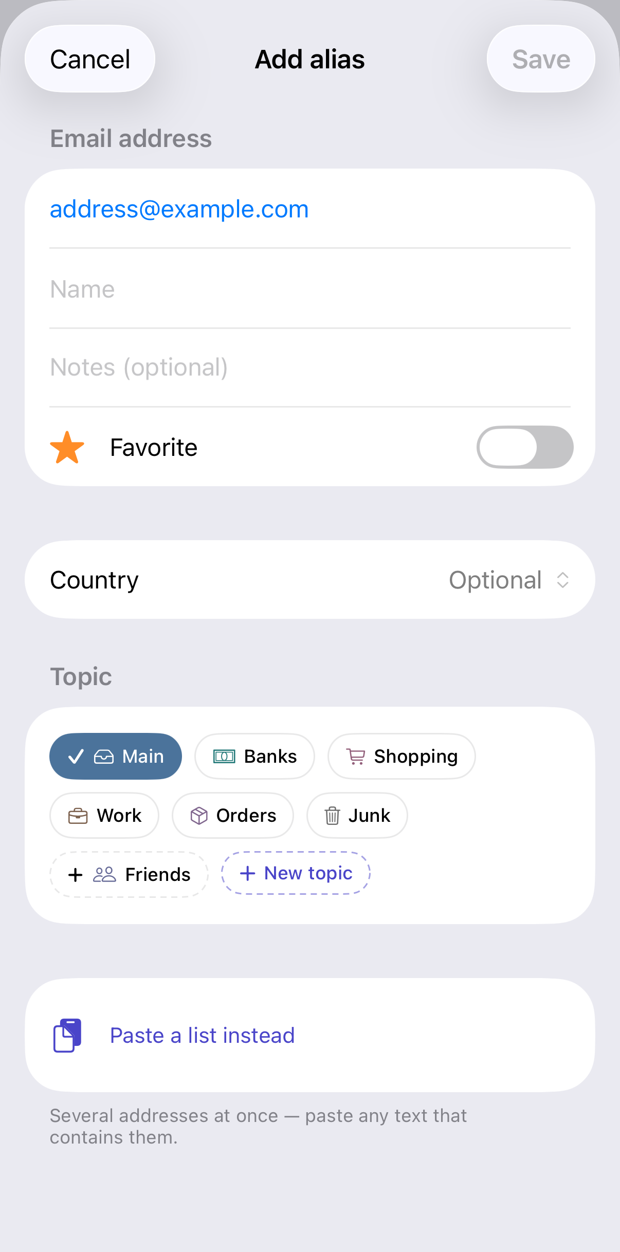 Adding one address, with a name, a note, a topic and a country.