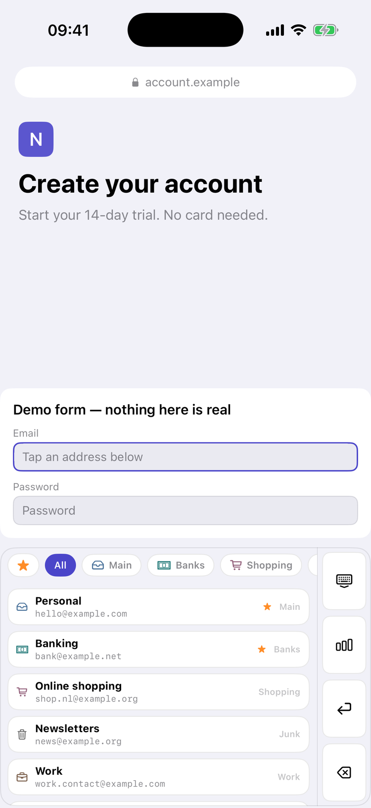 A signup page asking for an email, its field empty, the AliasKey keyboard open below it