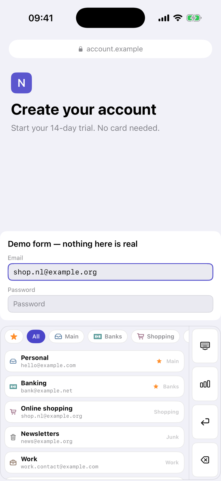 The same page a moment later, the alias now in the email field