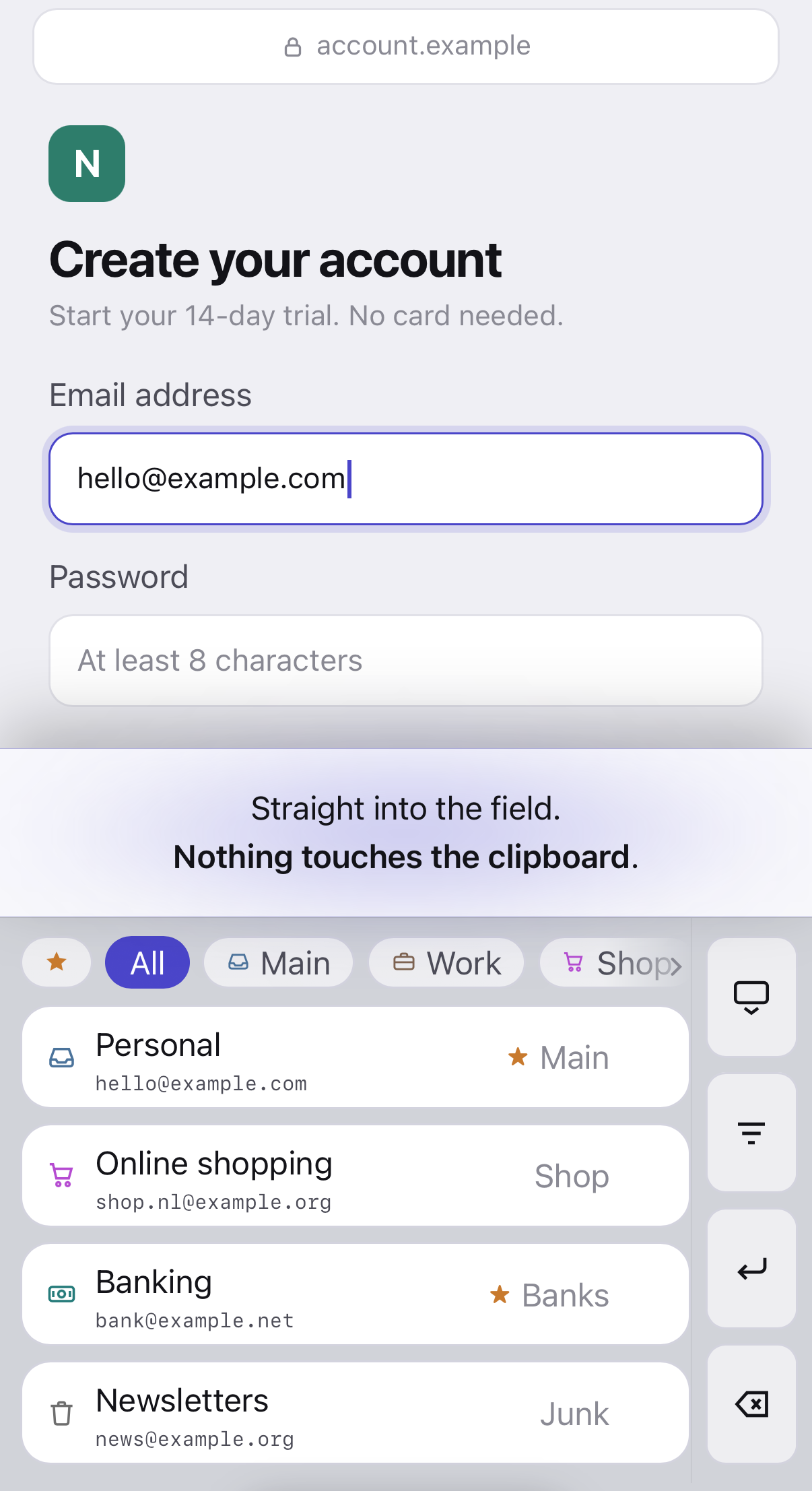 A signup page asking for an email, the address already in the field, the AliasKey keyboard open below it