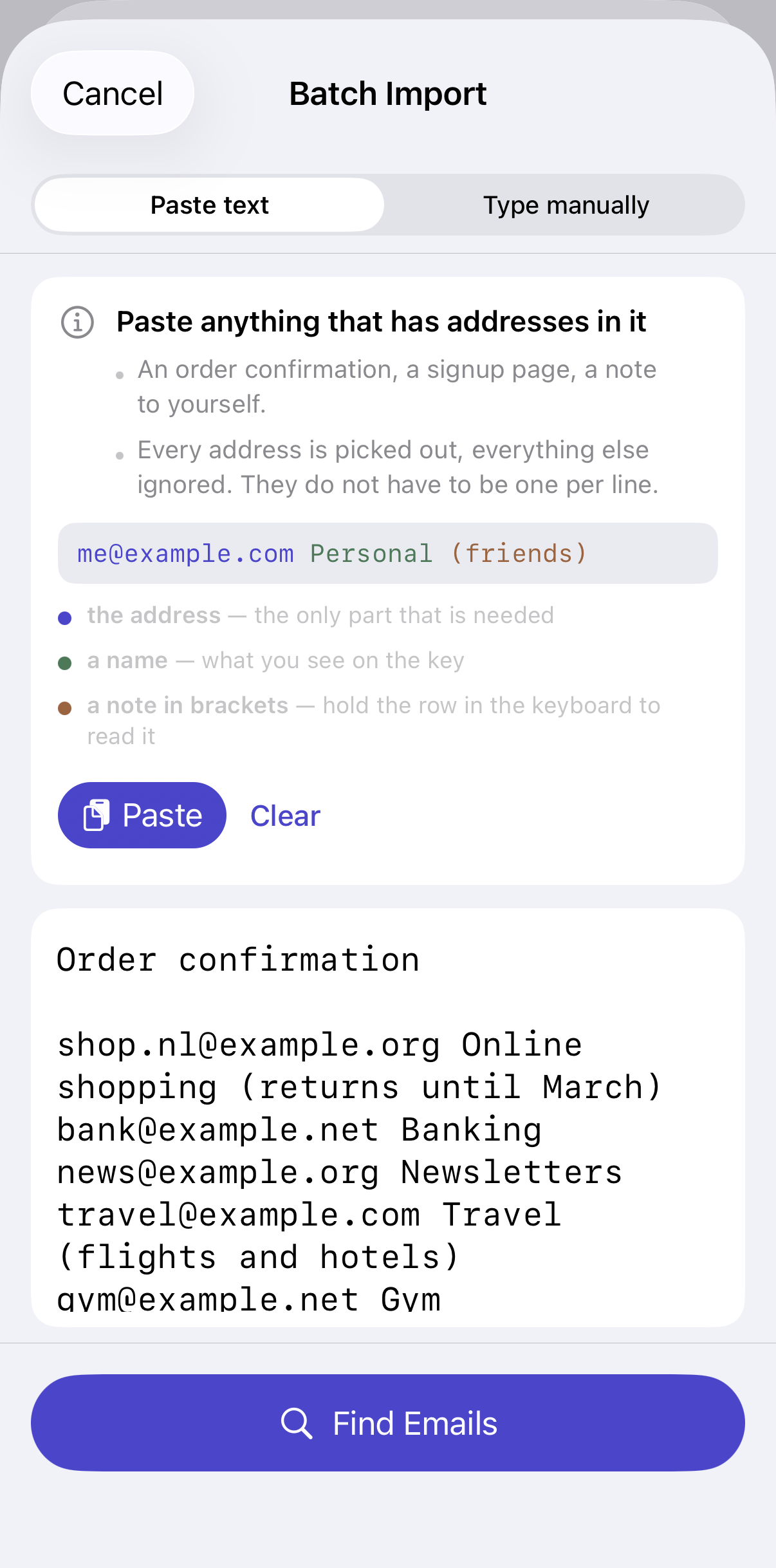A pasted order confirmation sitting in the import screen, ready to be read.
